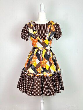 Vintage Brown Orange Yellow Polka Dot Patchwork Square Dancing Dress Size XS